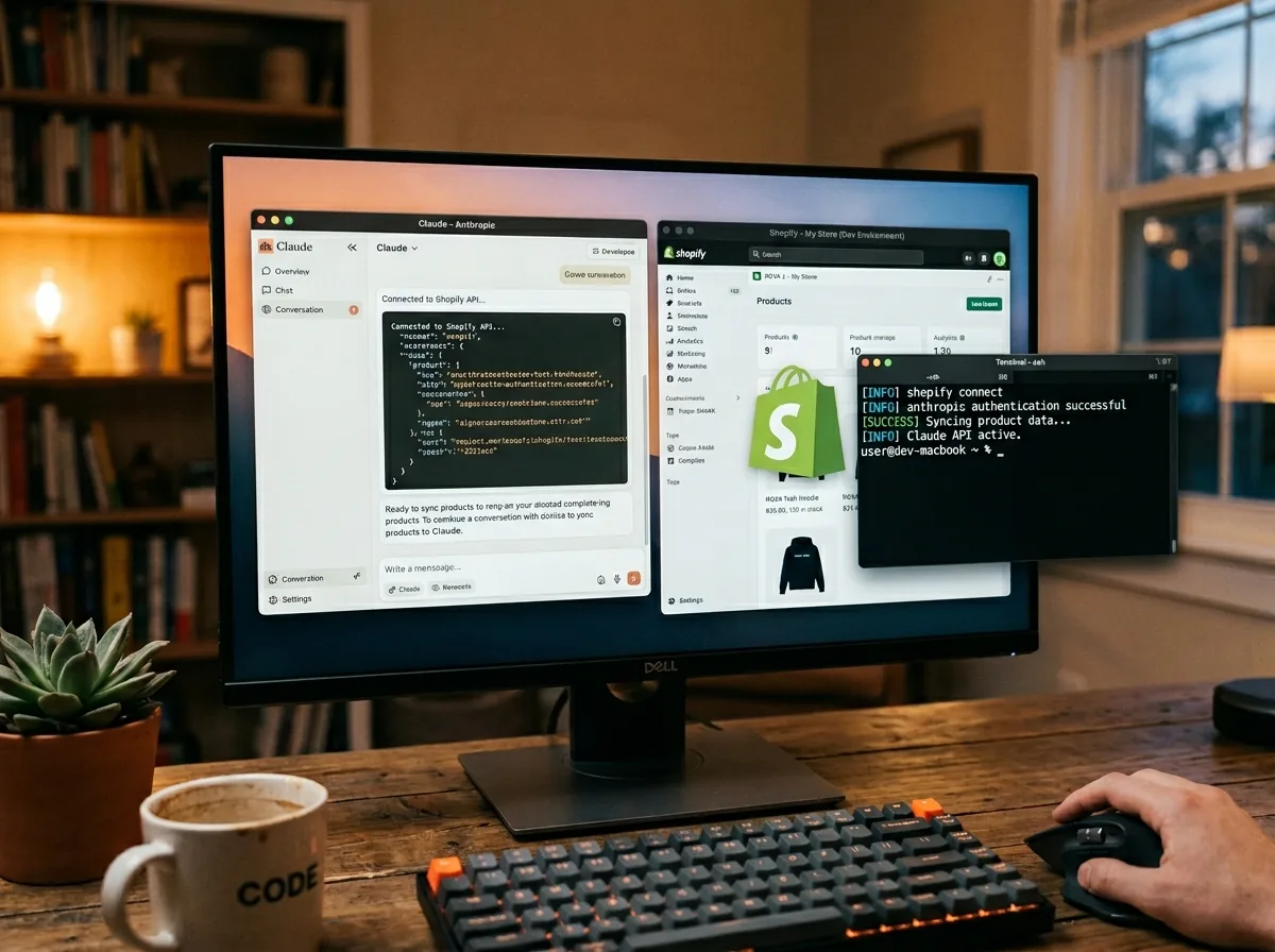 Claude AI logo connected to a Shopify storefront on a developer's monitor with a terminal window open
