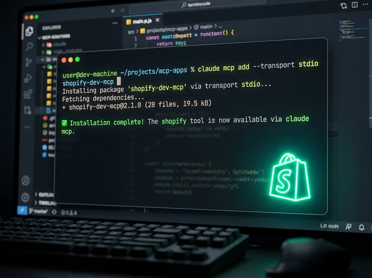 Terminal window showing the claude mcp add command installing the Shopify AI Toolkit plugin