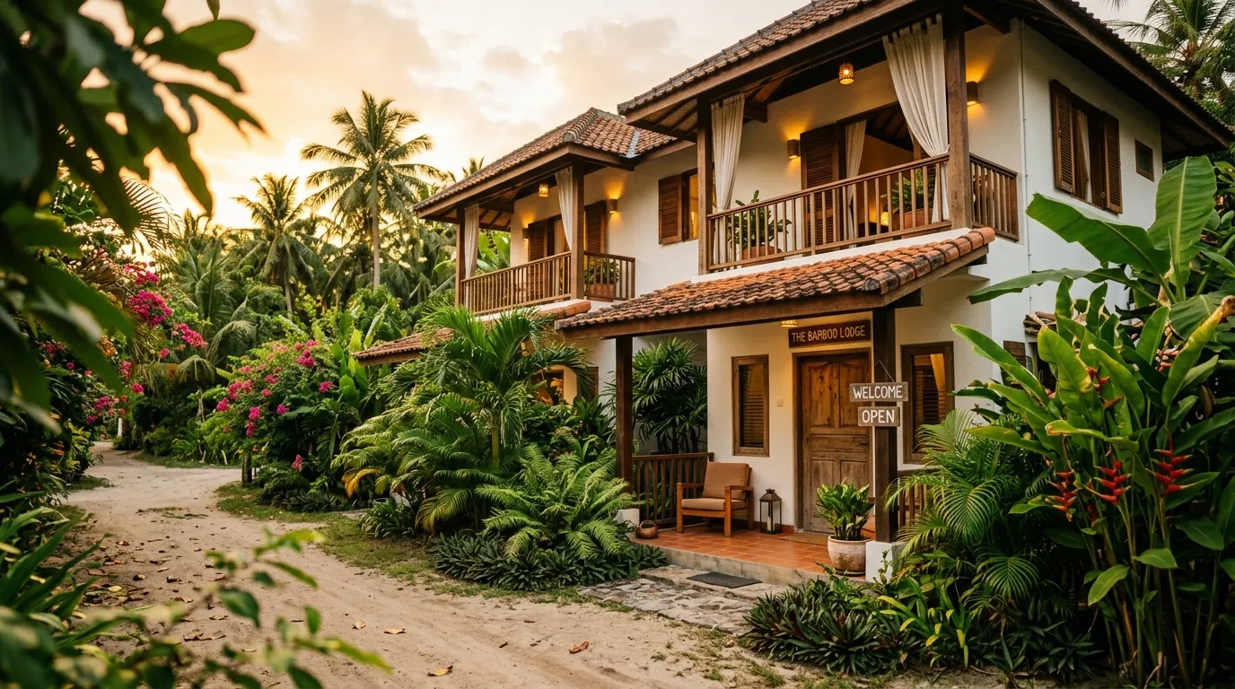 Small tropical boutique guesthouse with whitewashed walls and natural wood accents at golden hour
