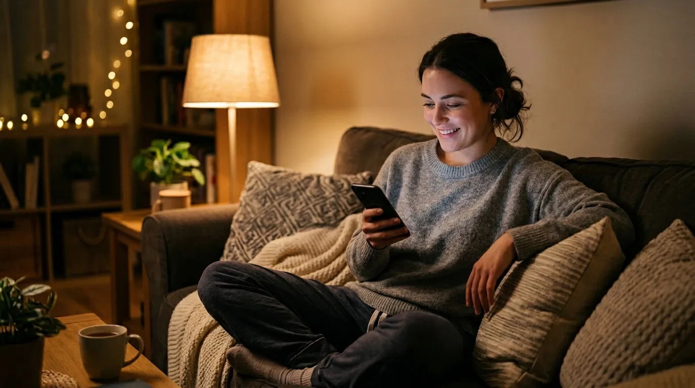 Woman on her couch at night using a chat widget on her phone