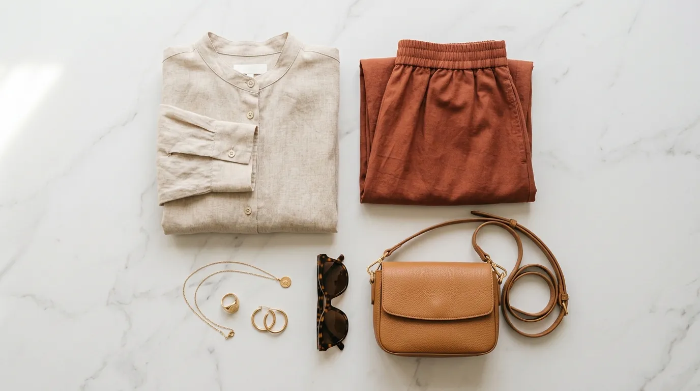 Curated women's clothing collection flat lay — blouse, midi skirt, handbag, and accessories on marble surface