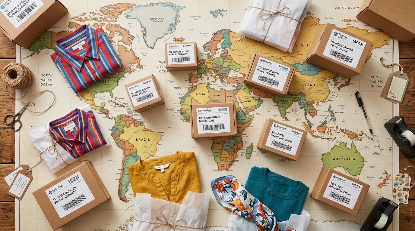 World map with shipping boxes and tissue-wrapped clothing items for international orders