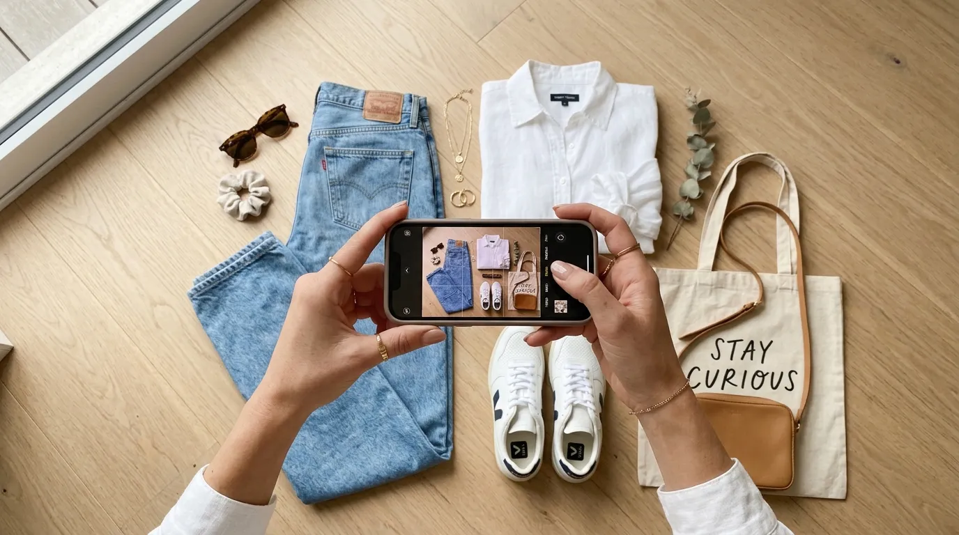 Overhead shot of hands photographing a styled outfit flat lay for social media