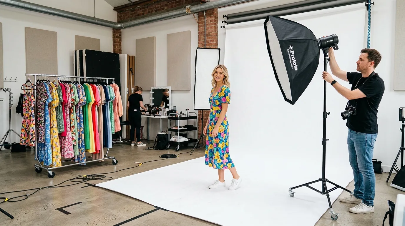Behind-the-scenes of a fashion product photoshoot with model on white backdrop