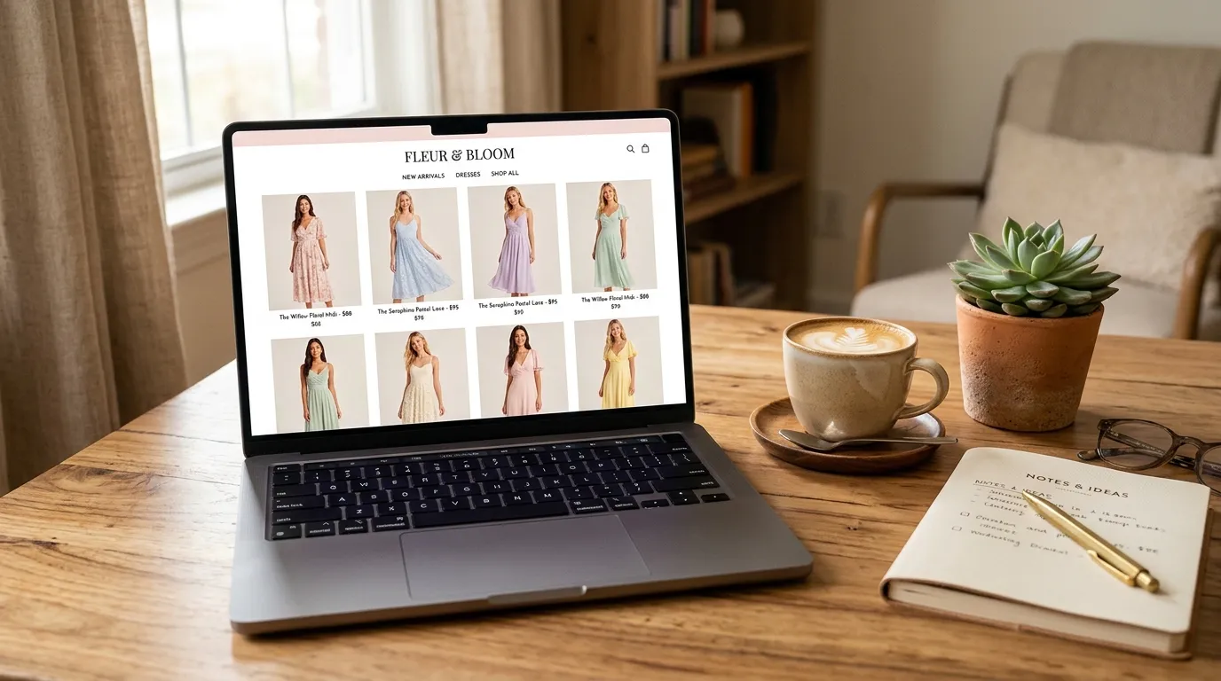MacBook showing a women's clothing online store on a clean wooden desk with coffee and notebook