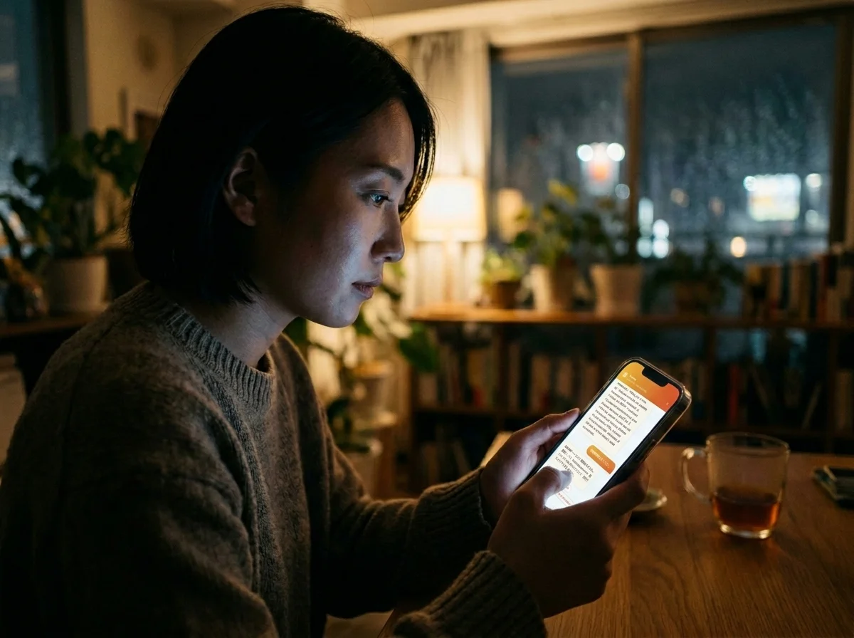 Japanese customer on a phone at night reading a Shopify product page and typing a question into a chat widget in Japanese
