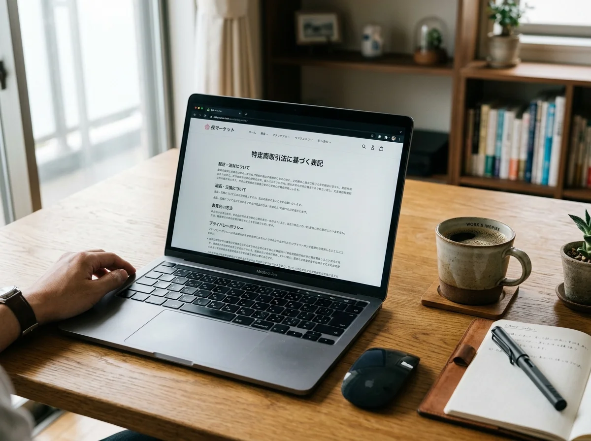 Shopify store policy page displayed in Japanese on a laptop screen, with a coffee cup and notebook on a wooden desk