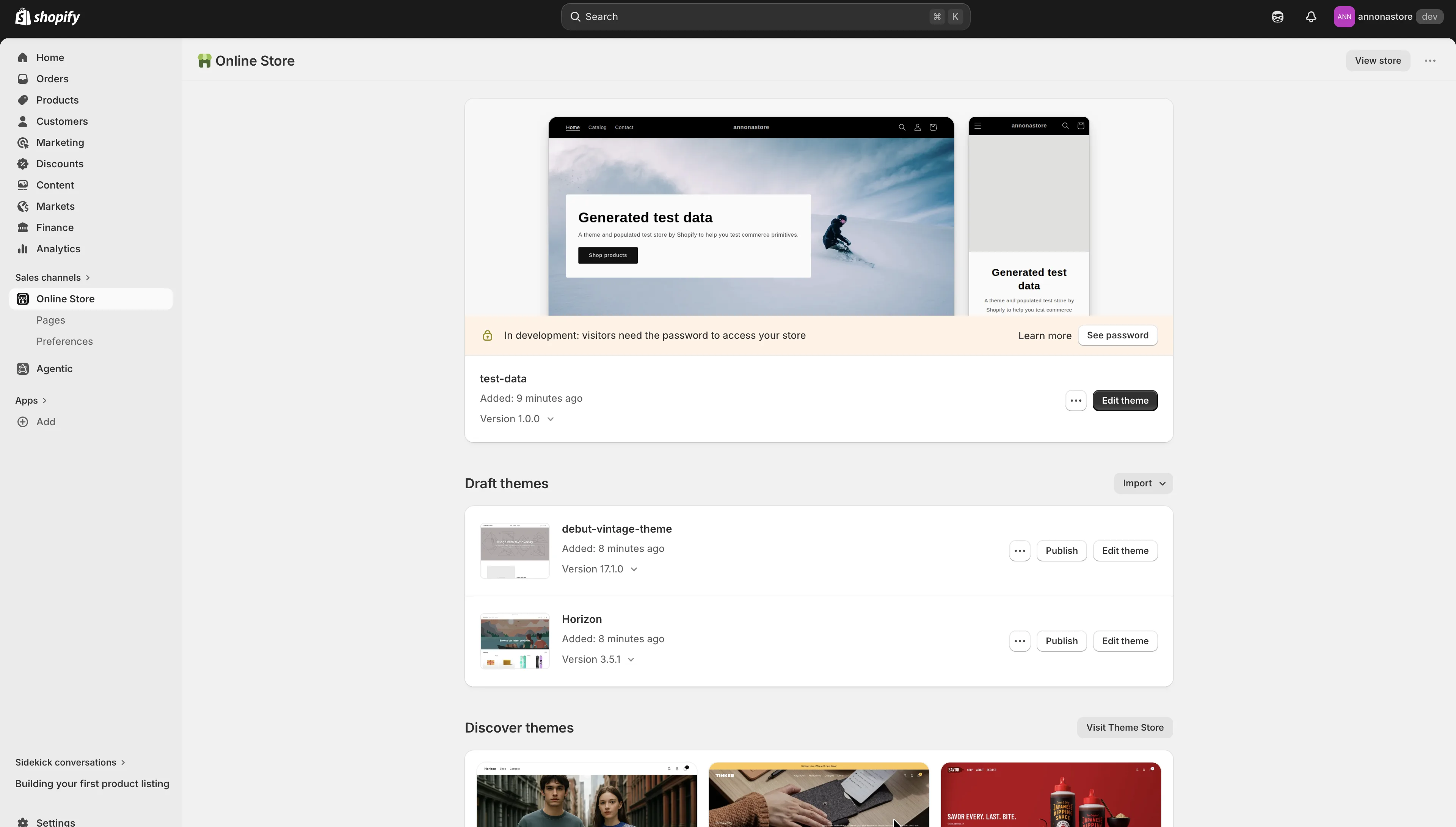 Shopify admin showing Online Store and Themes in the sidebar