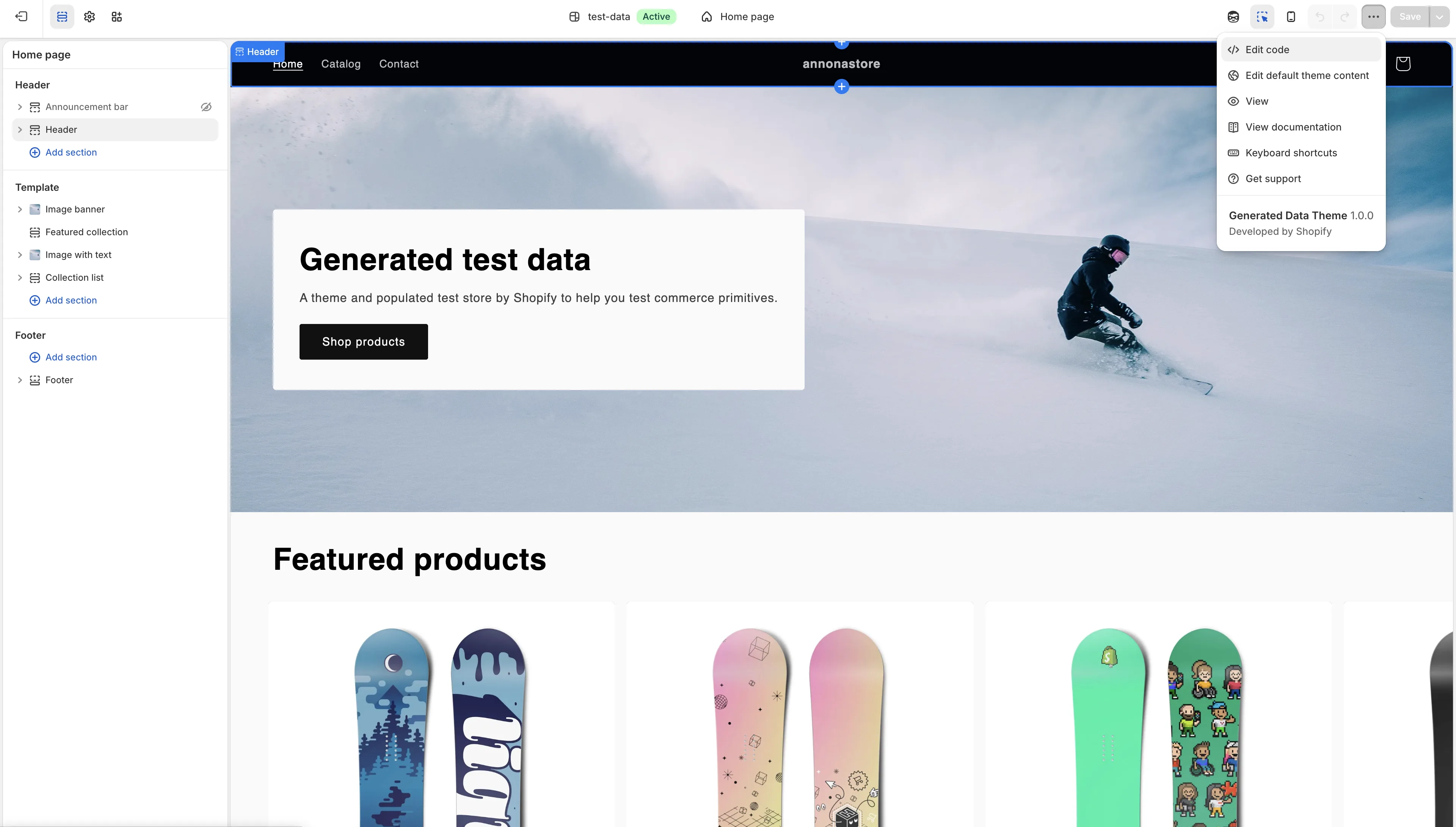 Shopify theme editor with the Actions dropdown open and Edit code highlighted
