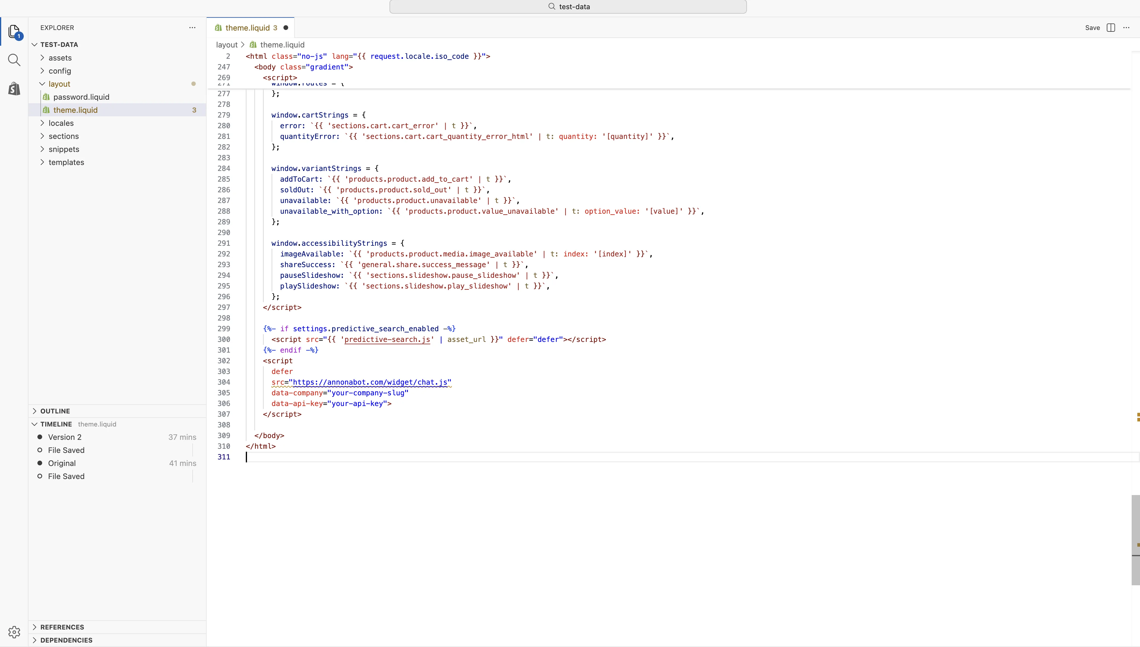 theme.liquid open in the Shopify code editor with the AnnonaBot script tag pasted before the closing body tag